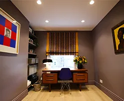 modern home study with decorative roman blinds