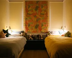 ambiently lit children's bedroom with stuffed toys