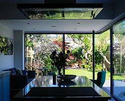 living room with large glass windows